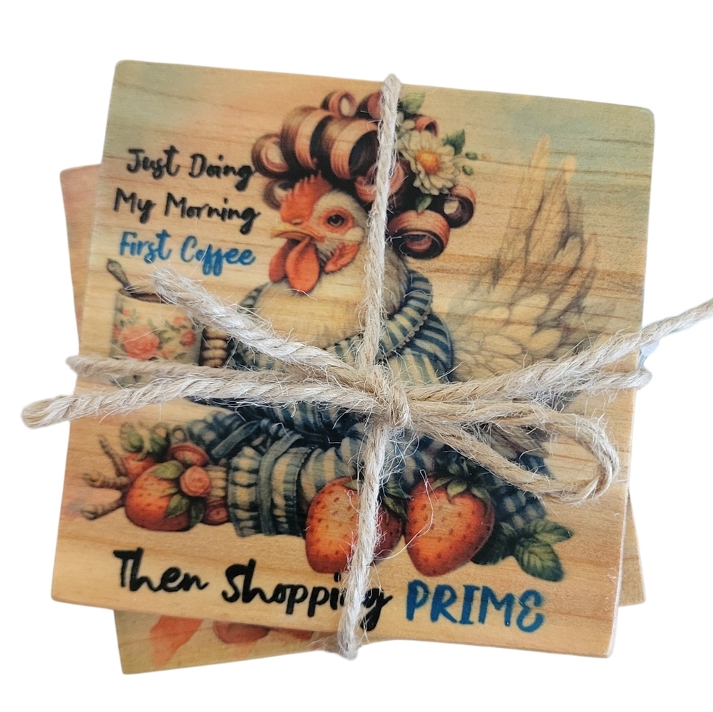 Handcrafted Funny Chicken Themed Wood Coaster Set (4)